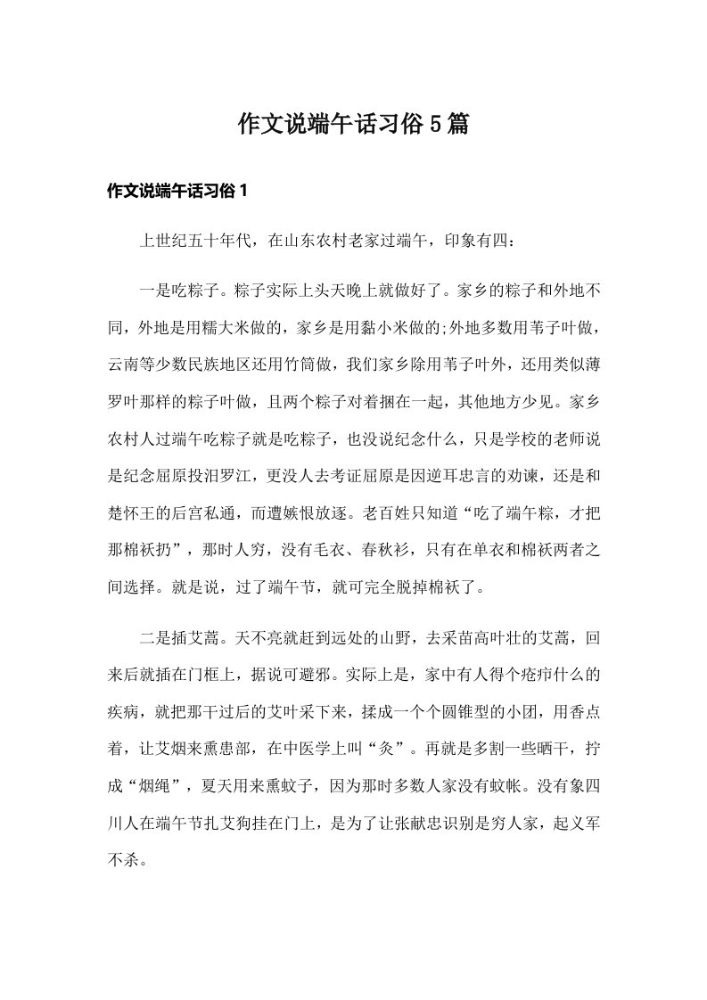 作文说端午话习俗5篇