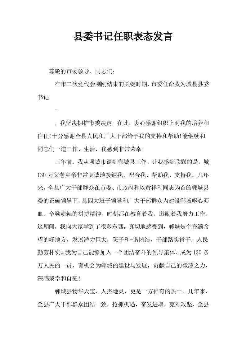 县委书记任职表态发言