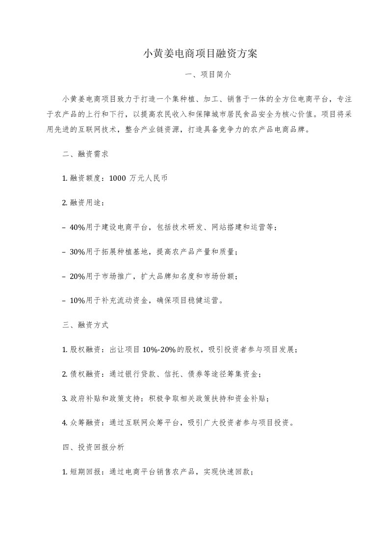 小黄姜电商项目融资方案