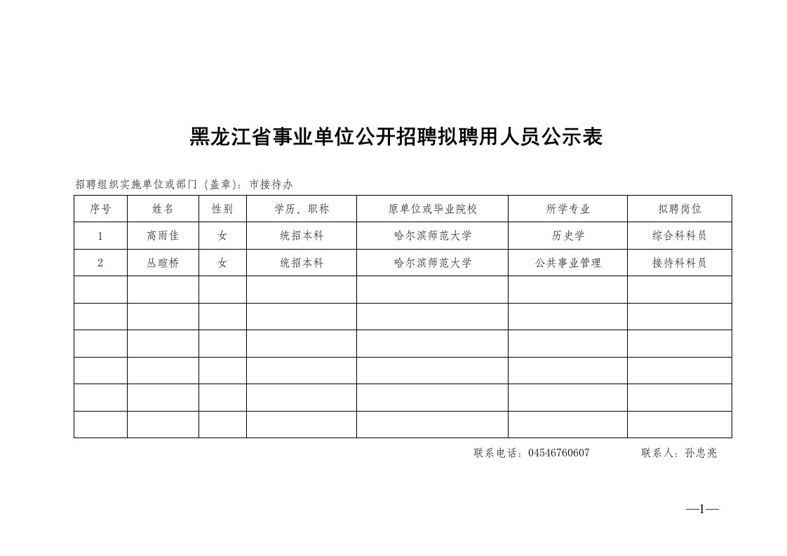 黑龙江省事业单位公开招聘拟聘用人员公示表