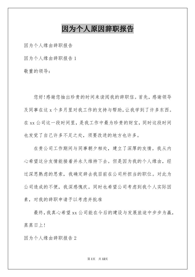 因为个人原因辞职报告例文