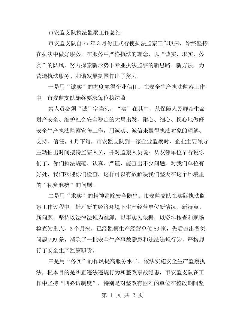 市安监支队执法监察工作总结