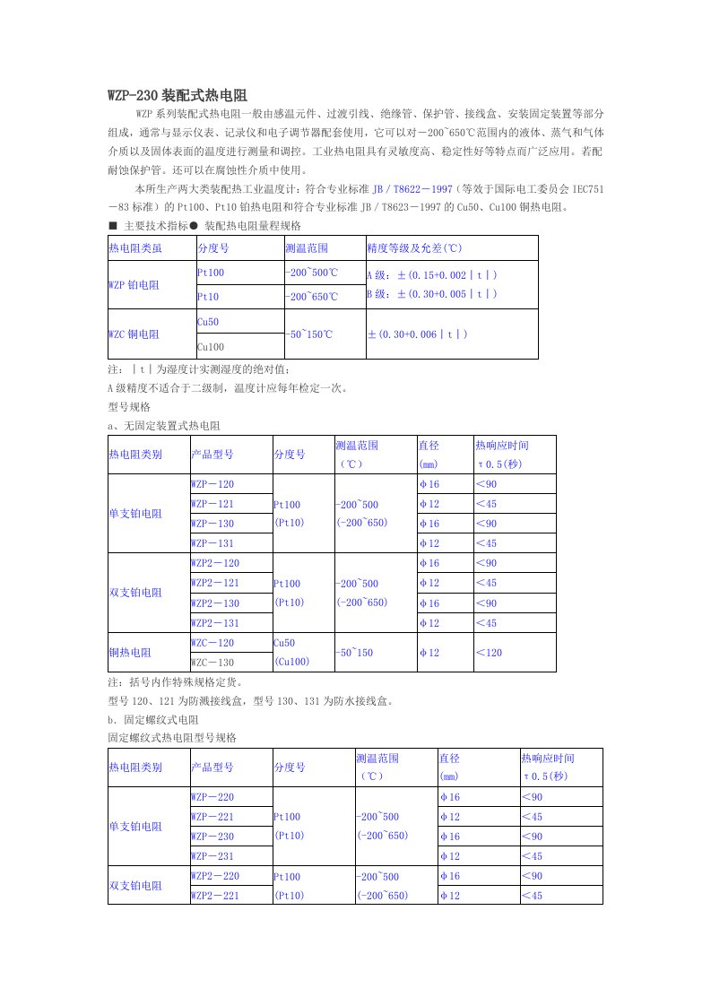 WZP-230装配式热电阻选型