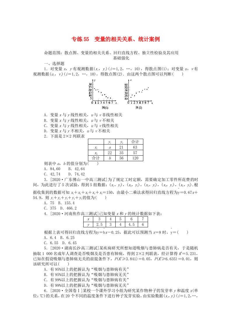 2021高考数学一轮复习专练55变量的相关关系统计案例含解析文新人教版