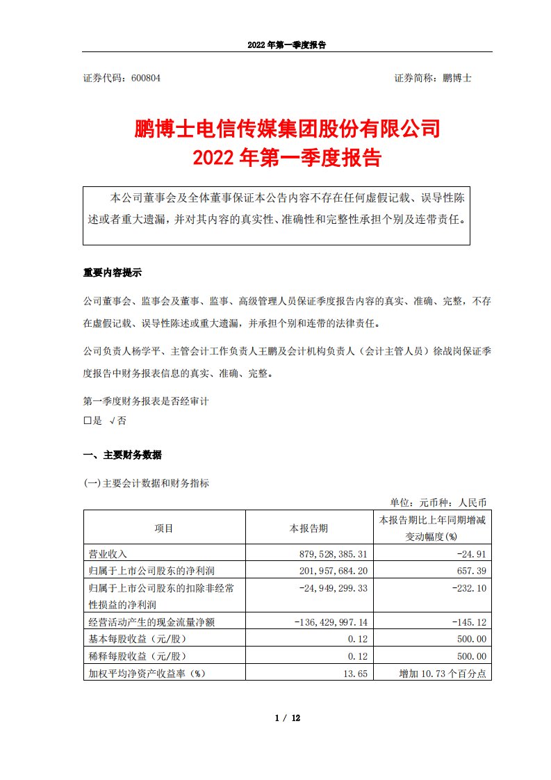 上交所-鹏博士2022年第一季度报告-20220428