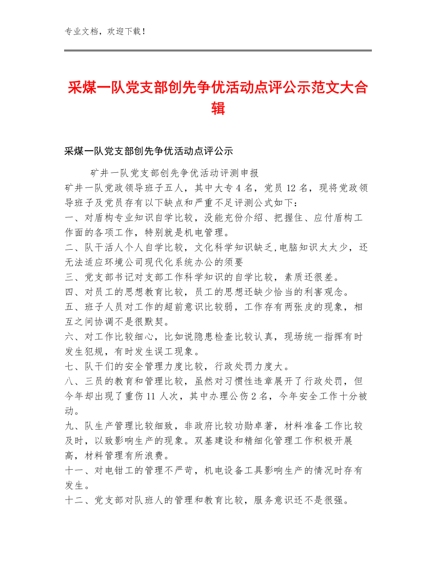 采煤一队党支部创先争优活动点评公示范文大合辑