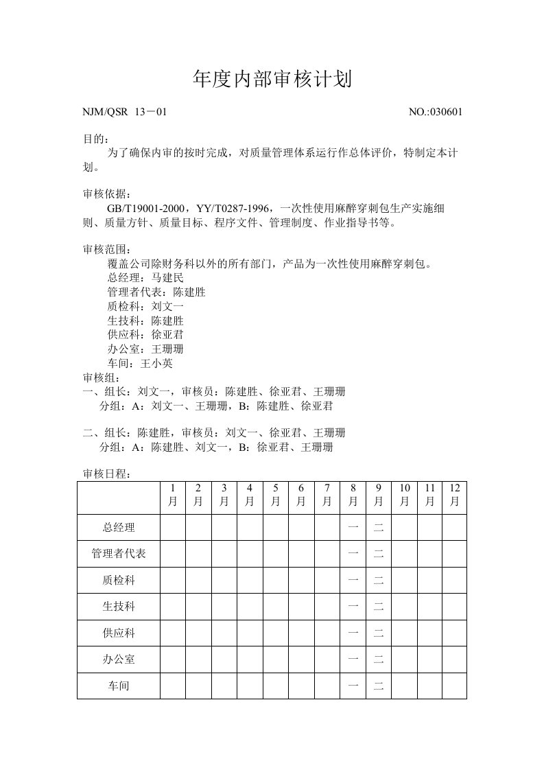 内审管理用表单年度审核计划-质量制度表格