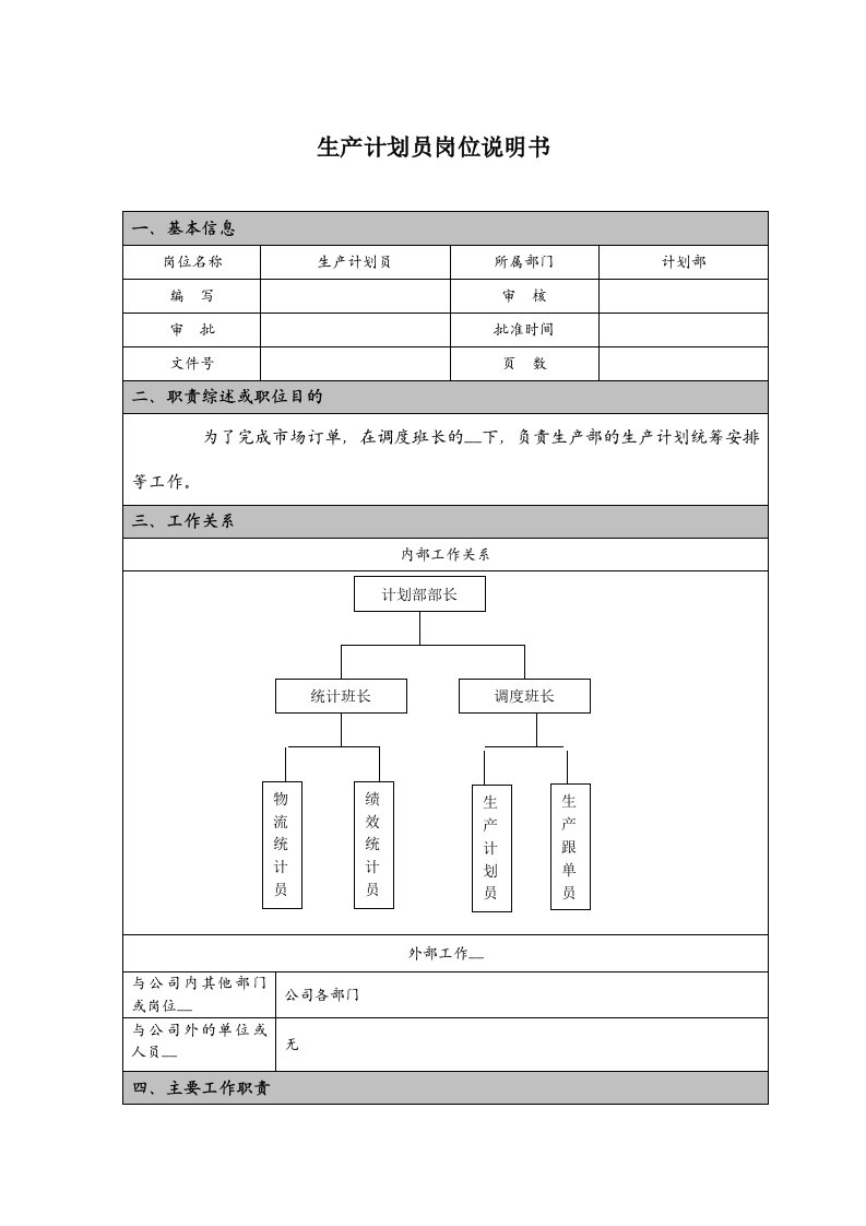 生产计划员岗位说明书