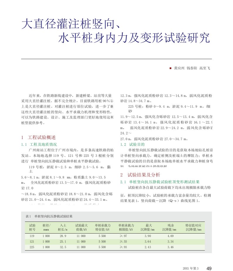 大直径灌注桩竖向水平桩身内力及变形试验研究