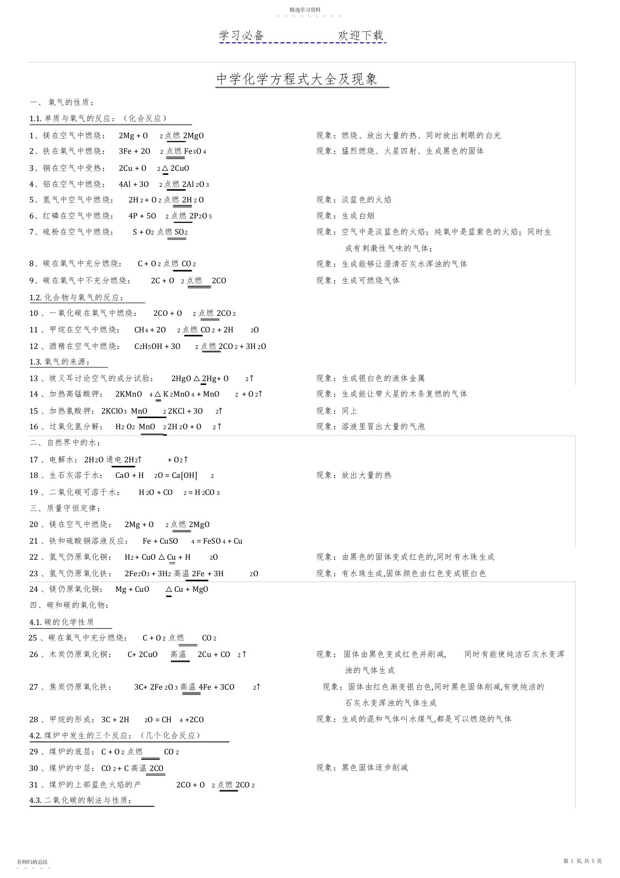 2022年初中化学方程式大全5