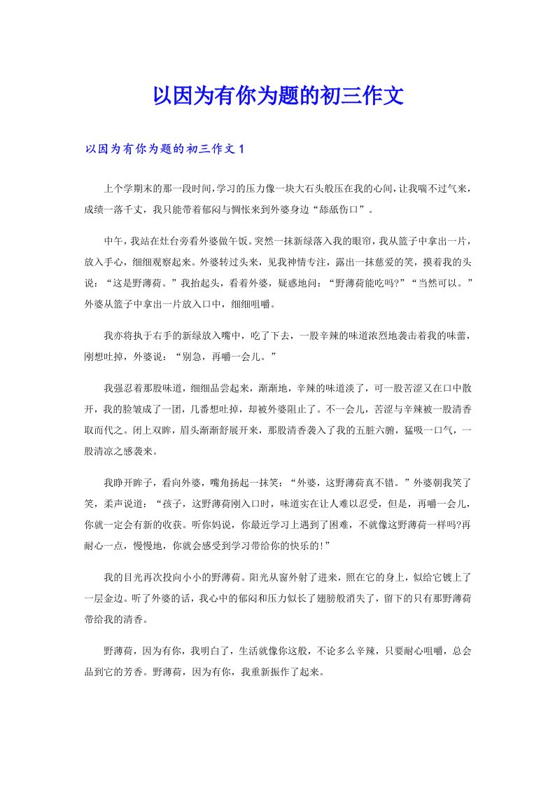 以因为有你为题的初三作文