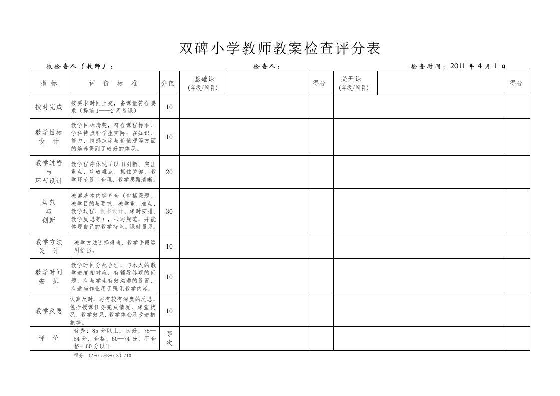 教案作业检查评分表1