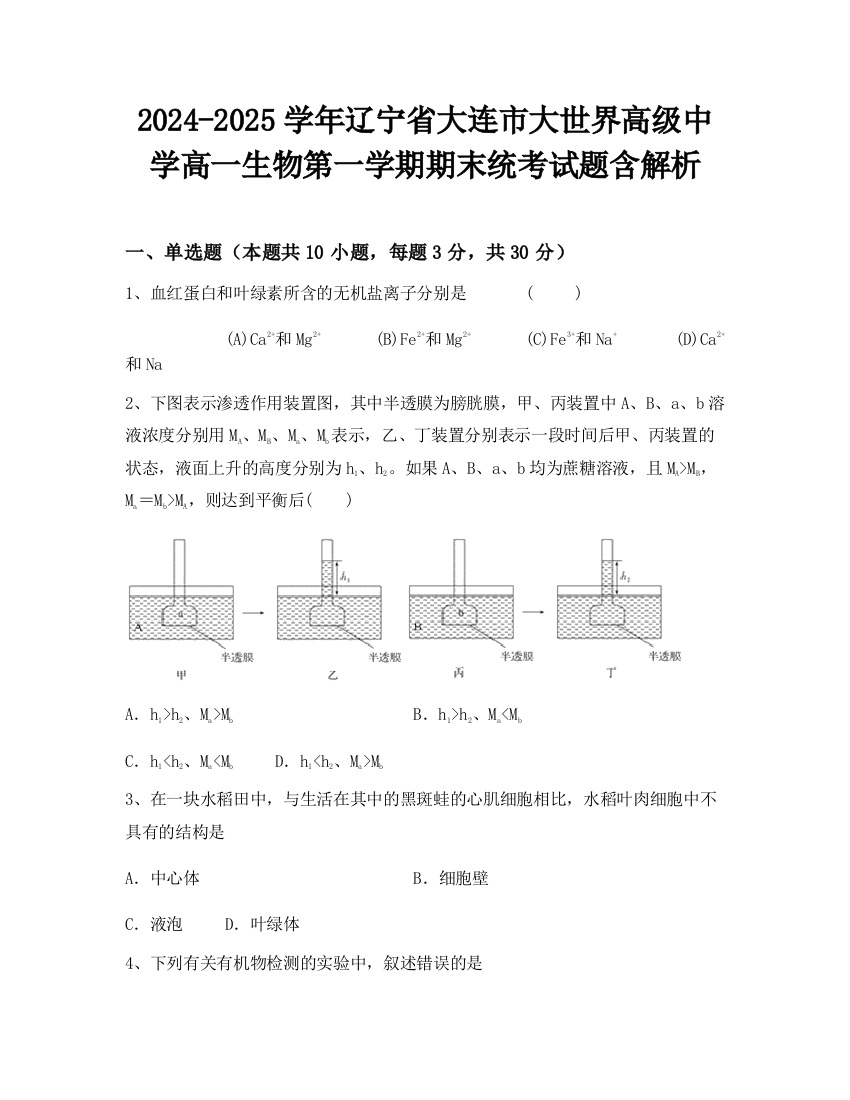 2024-2025学年辽宁省大连市大世界高级中学高一生物第一学期期末统考试题含解析