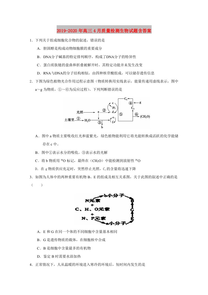 2019-2020年高三4月质量检测生物试题含答案