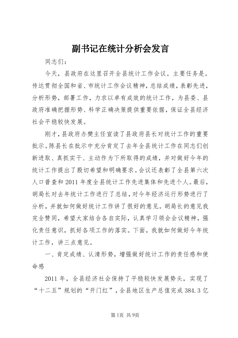 副书记在统计分析会发言