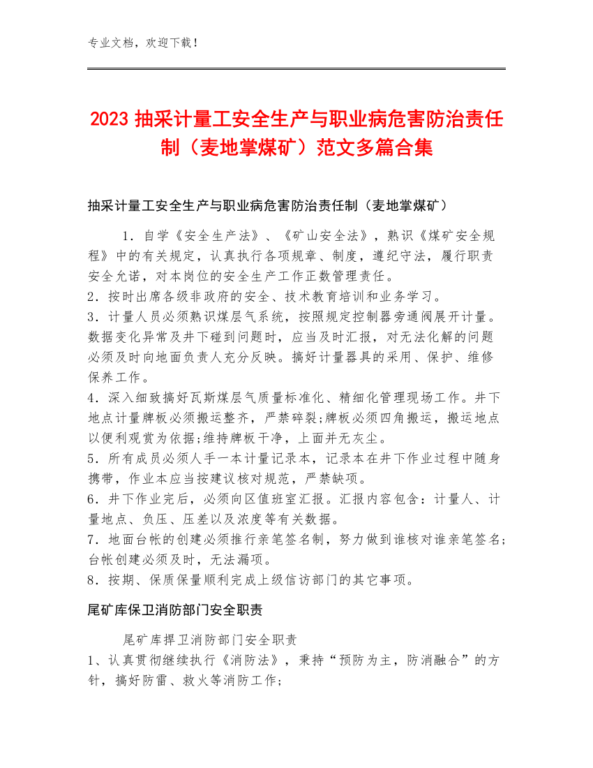 2023抽采计量工安全生产与职业病危害防治责任制（麦地掌煤矿）范文多篇合集