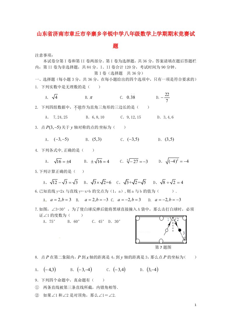 山东省济南市章丘市辛寨乡辛锐中学八级数学上学期期末竞赛试题