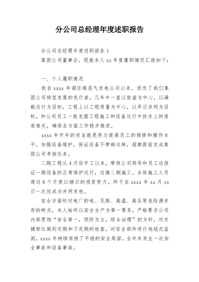 分公司总经理年度述职报告