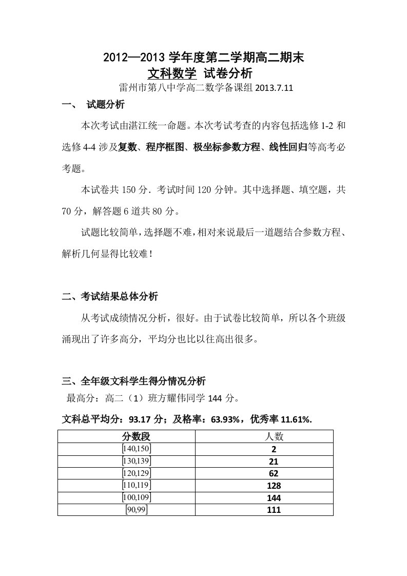 高二期末文科数学试卷分析