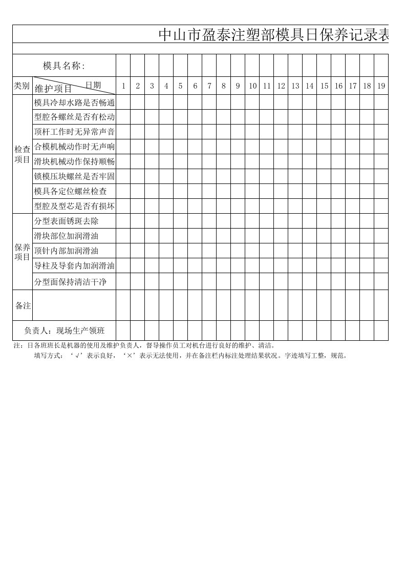 注塑部模具日保养记录表