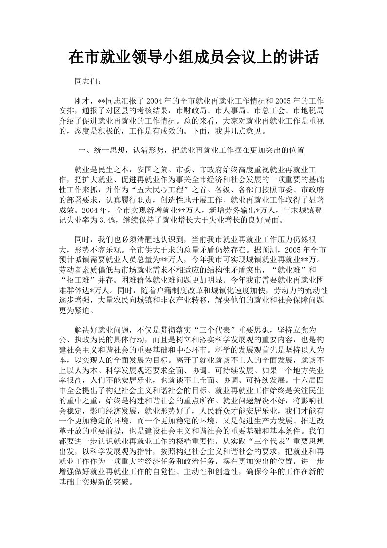 在市就业领导小组成员会议上的讲话