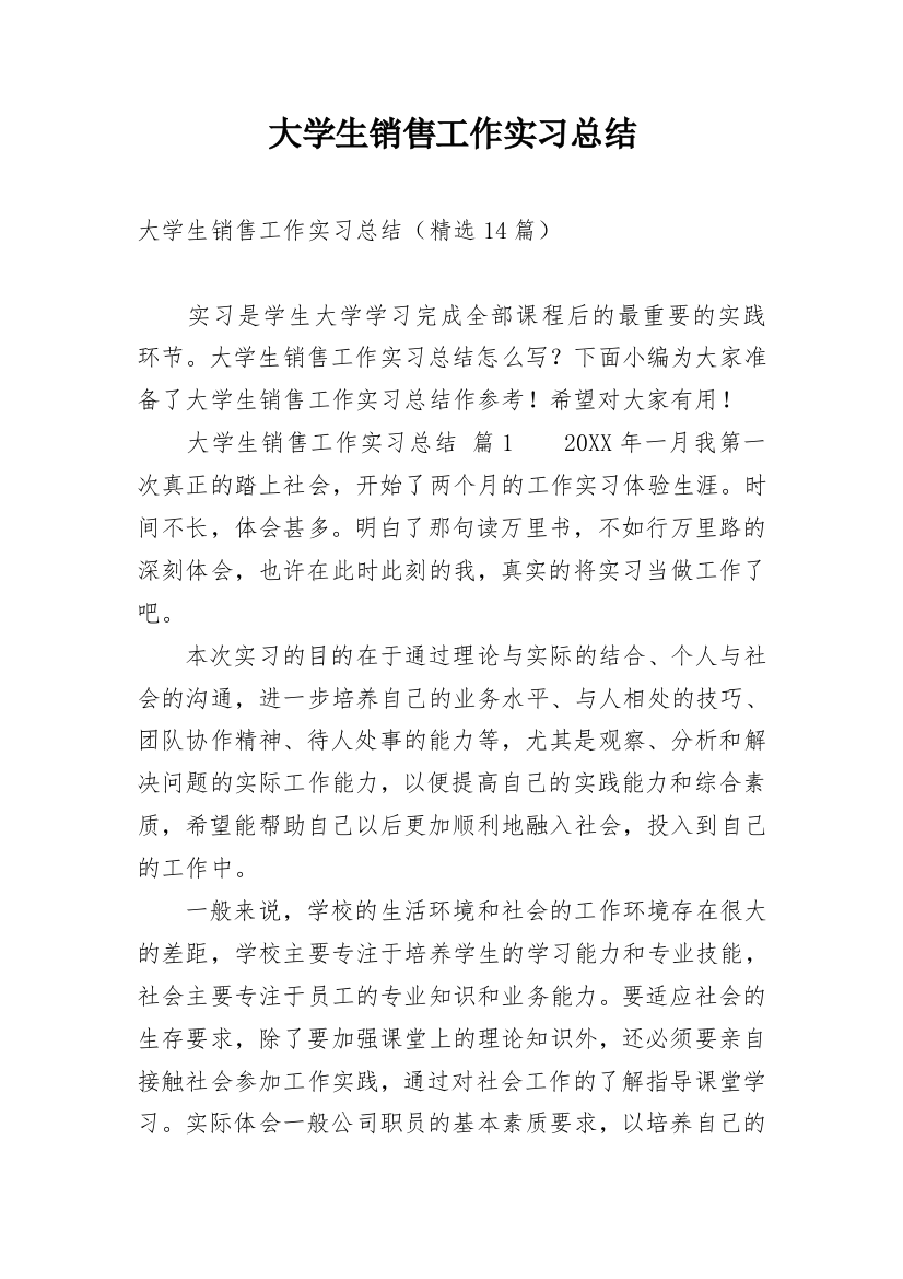 大学生销售工作实习总结_1