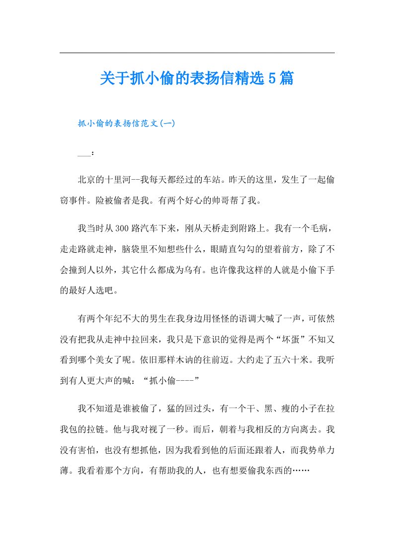 关于抓小偷的表扬信精选5篇