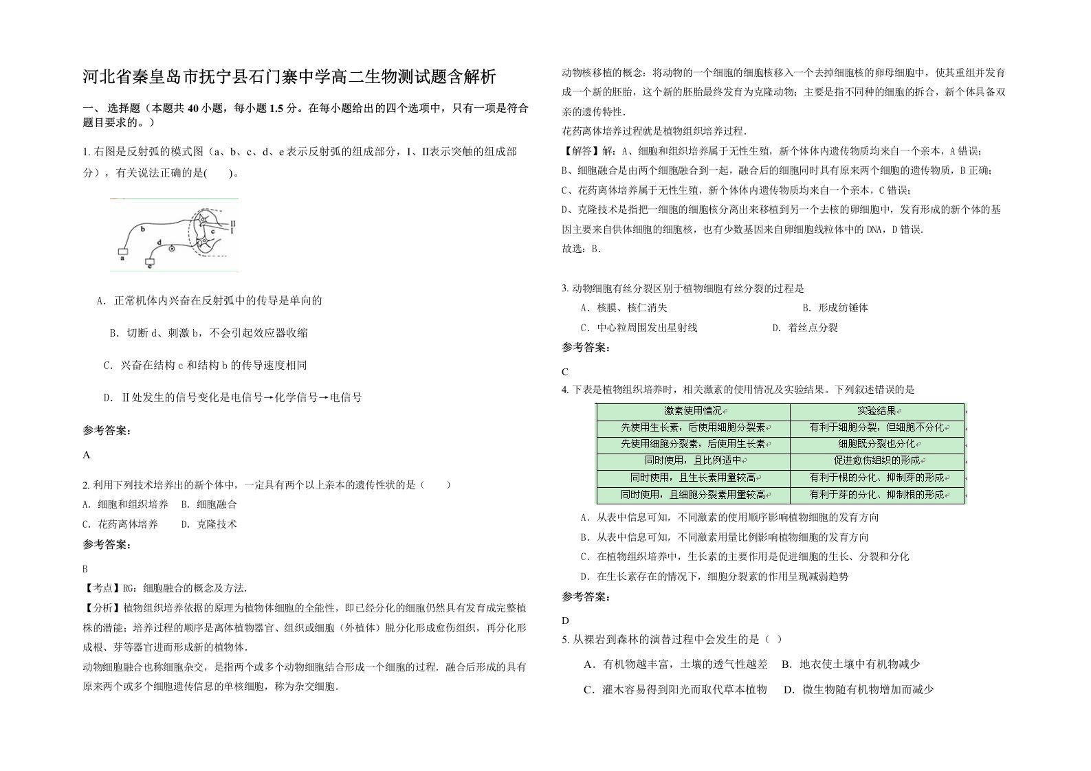 河北省秦皇岛市抚宁县石门寨中学高二生物测试题含解析