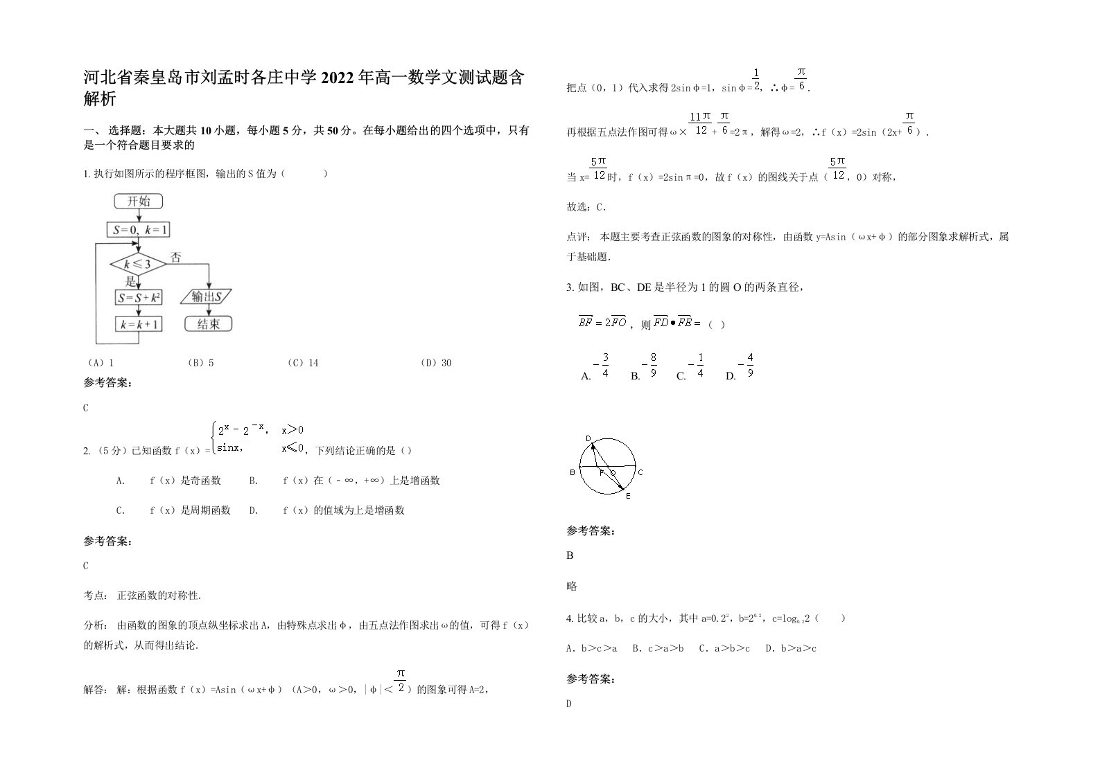 河北省秦皇岛市刘孟时各庄中学2022年高一数学文测试题含解析