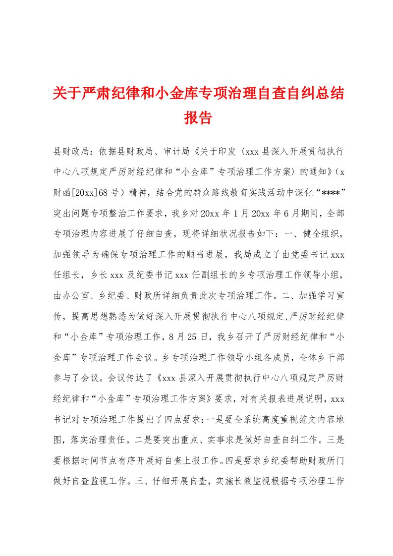 关于严肃纪律和小金库专项治理自查自纠总结报告