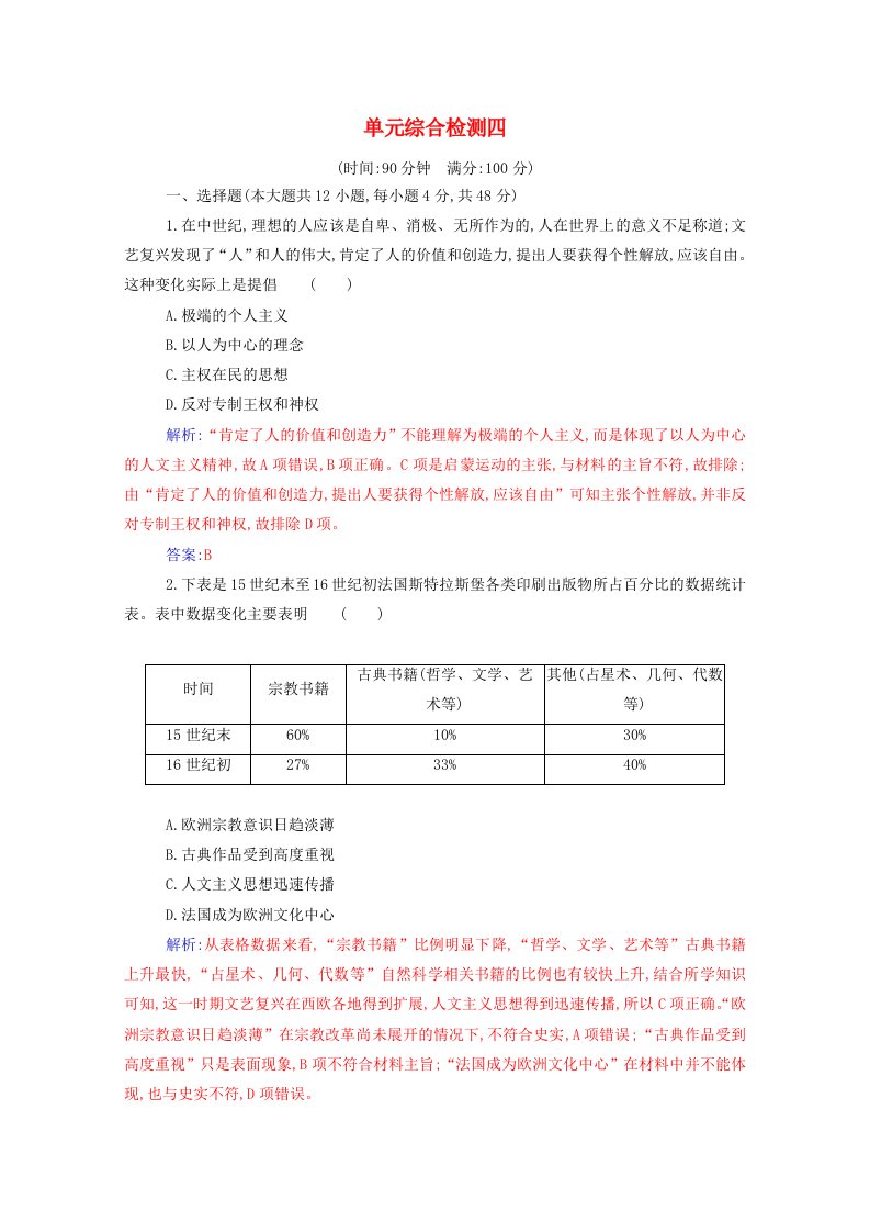 2021春新教材高中历史第四单元资本主义制度的确立单元综合检测含解析新人教版必修中外历史纲要下