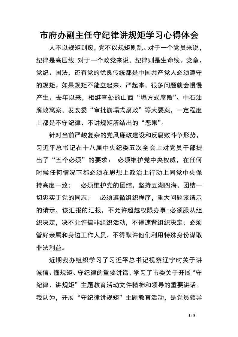 市府办副主任守纪律讲规矩学习心得体会.doc