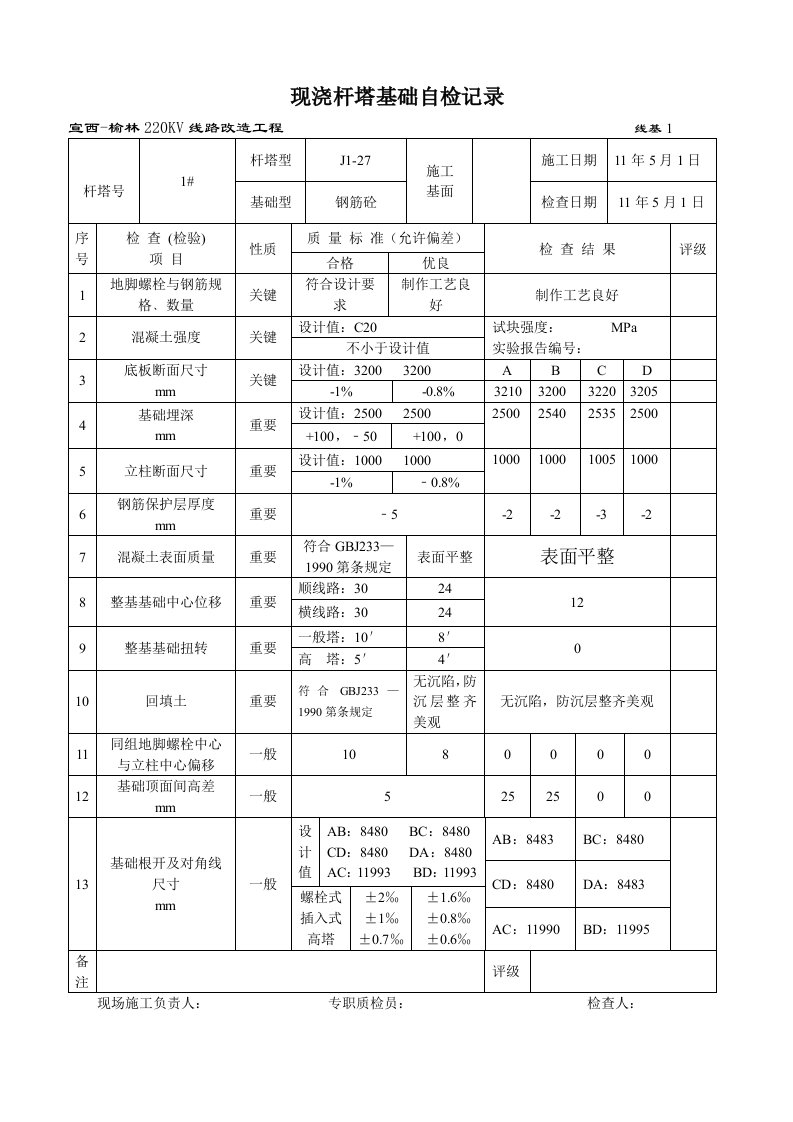 现浇杆塔基础自检记录