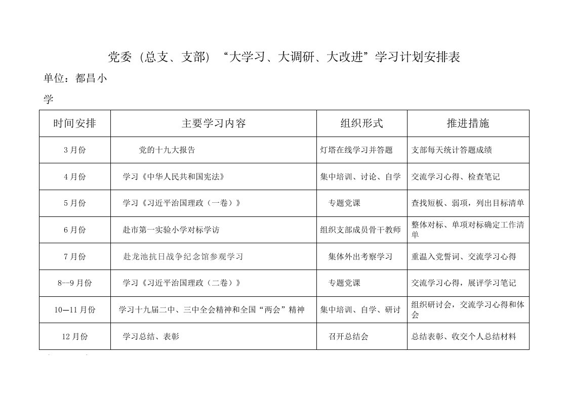 大学习、大调研、大改进学习计划安排表