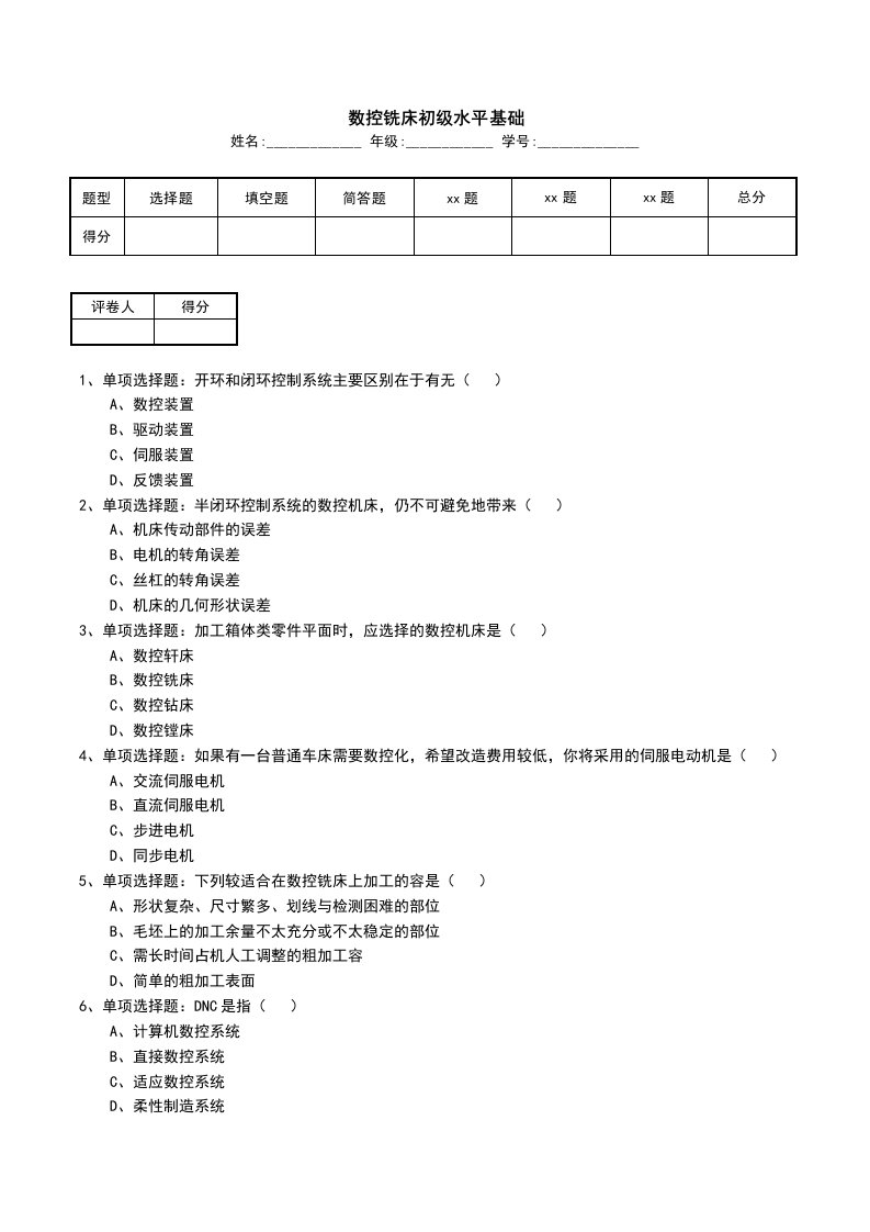 数控铣床初级水平基础