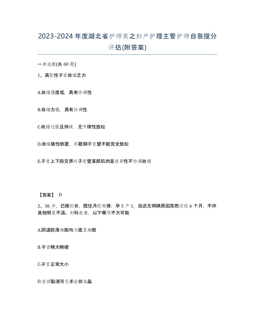 2023-2024年度湖北省护师类之妇产护理主管护师自我提分评估附答案