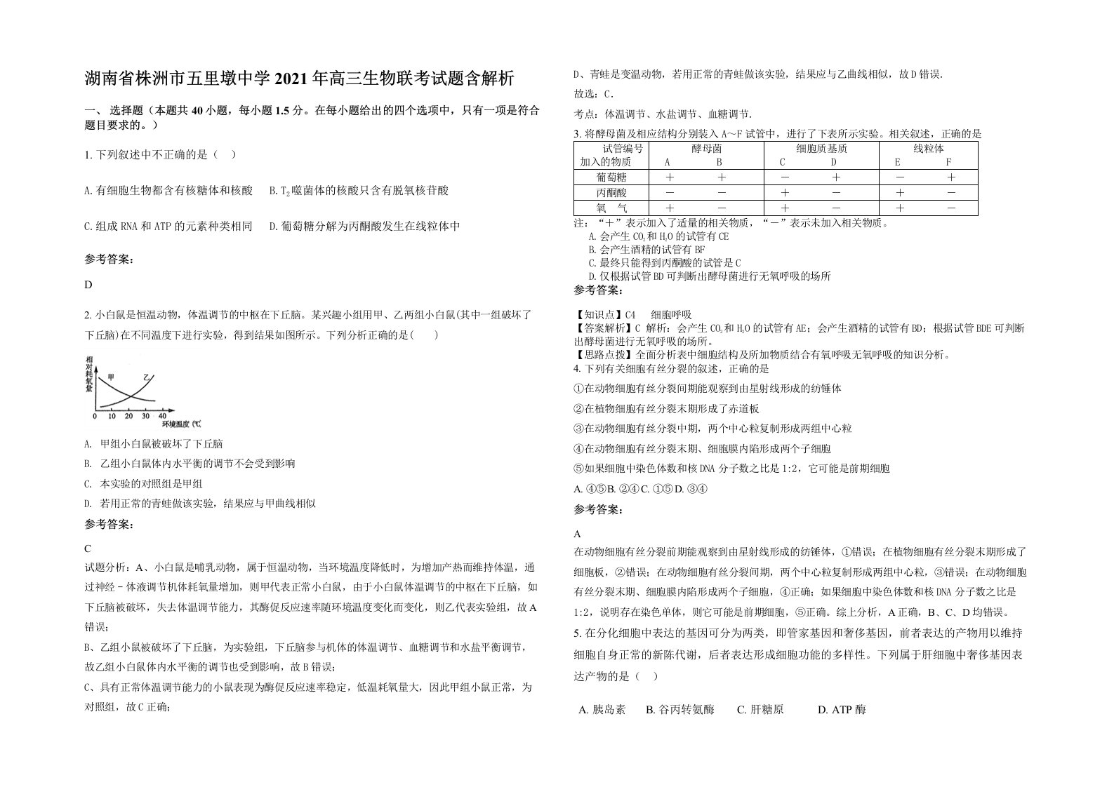 湖南省株洲市五里墩中学2021年高三生物联考试题含解析