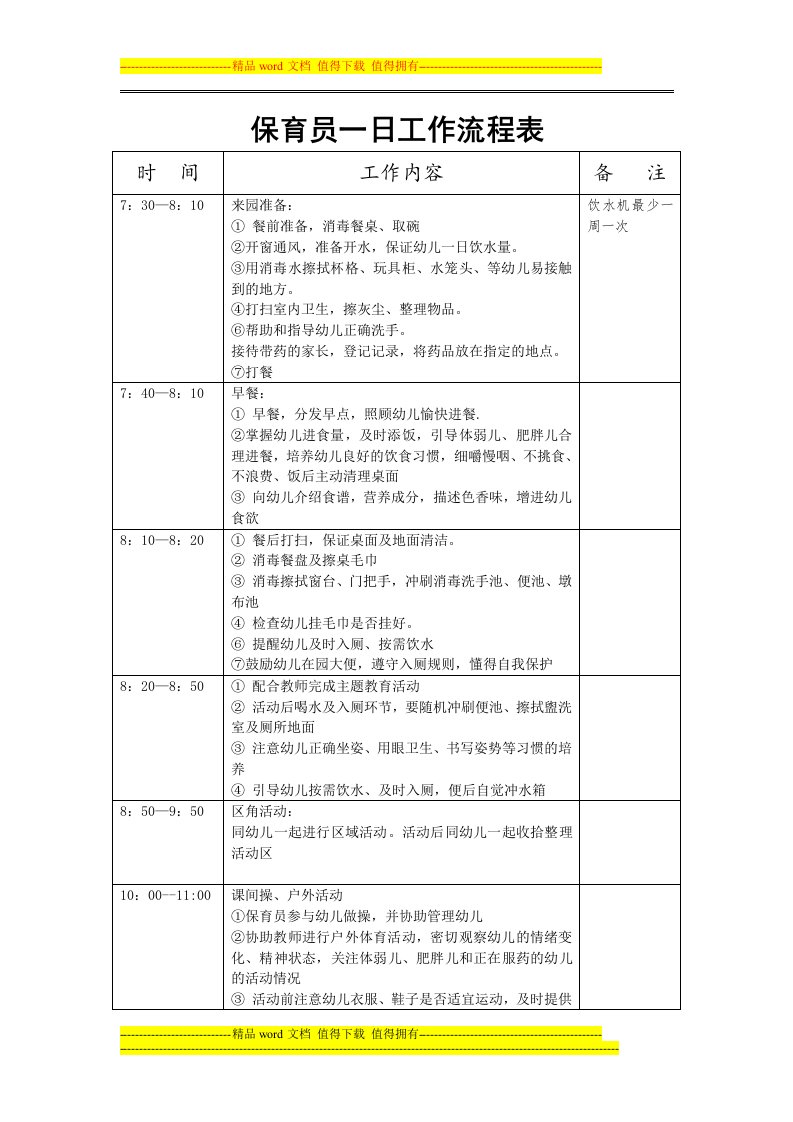 保育员一日工作流程表