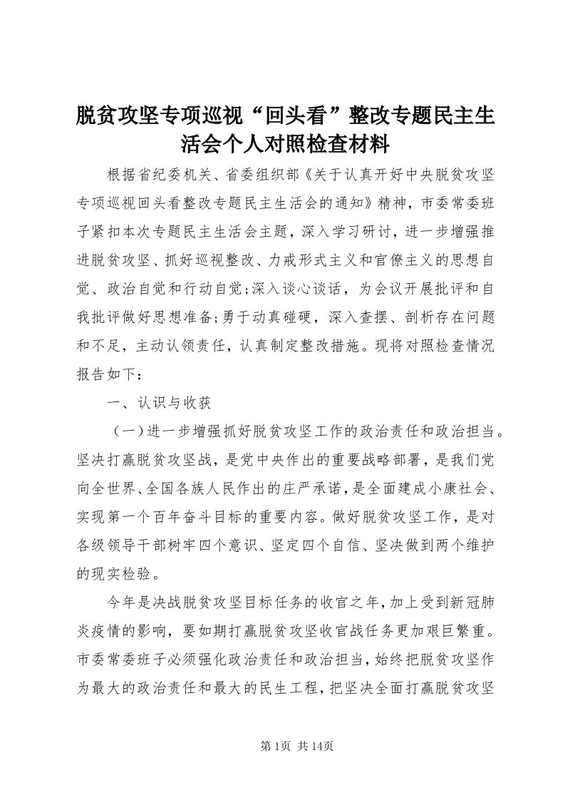 6脱贫攻坚专项巡视“回头看”整改专题民主生活会个人对照检查材料