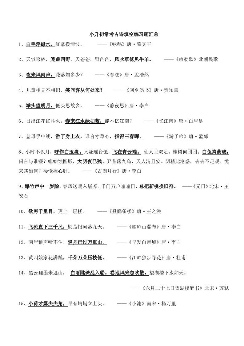 考前突击：小升初常考古诗填空练习题汇总