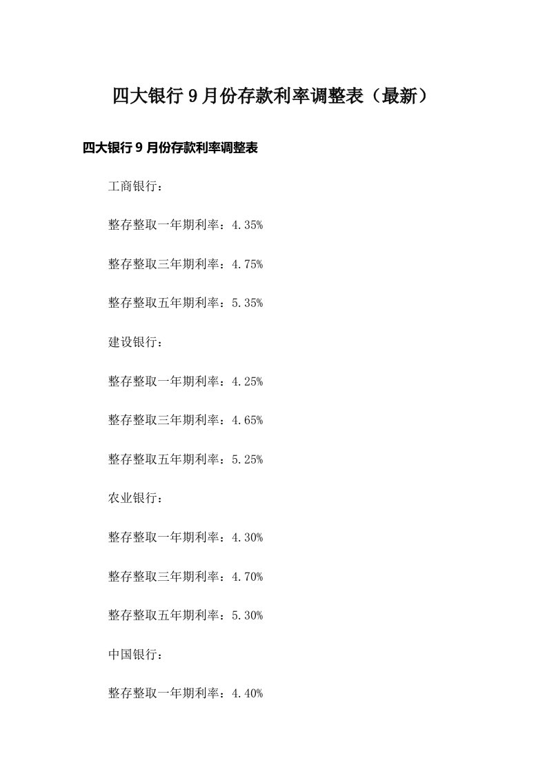 四大银行9月份存款利率调整表（最新）