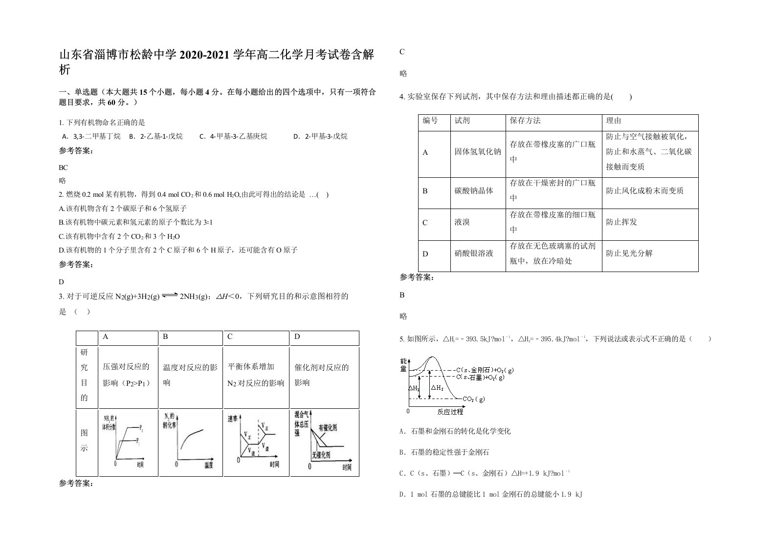 山东省淄博市松龄中学2020-2021学年高二化学月考试卷含解析