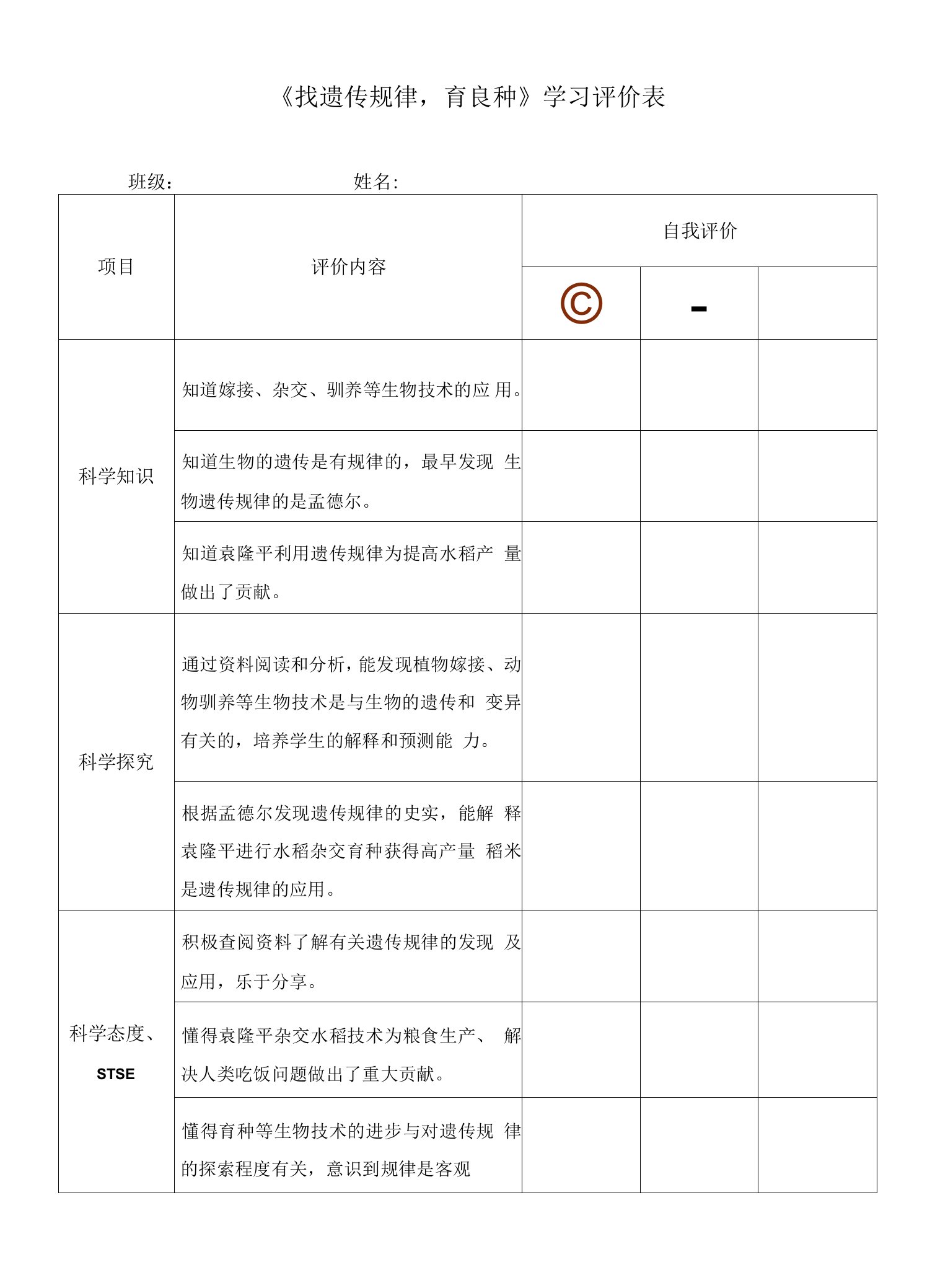 找遗传规律育良种学习评价表