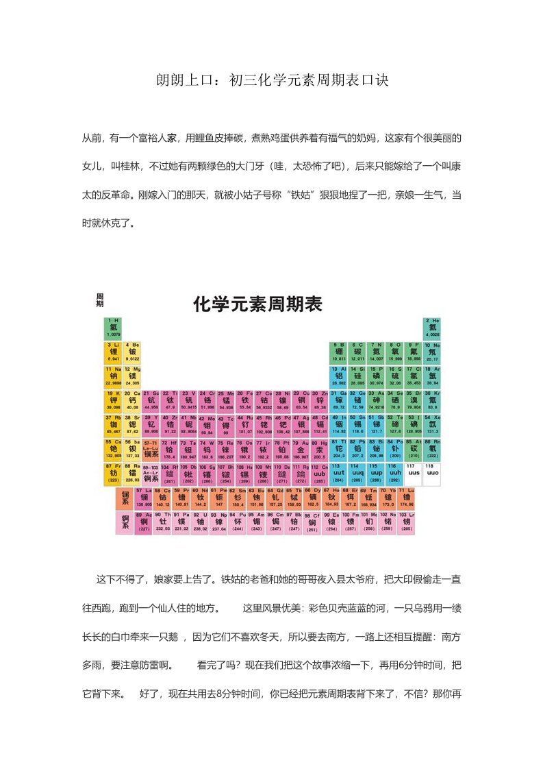 朗朗上口：初三化学元素周期表口诀