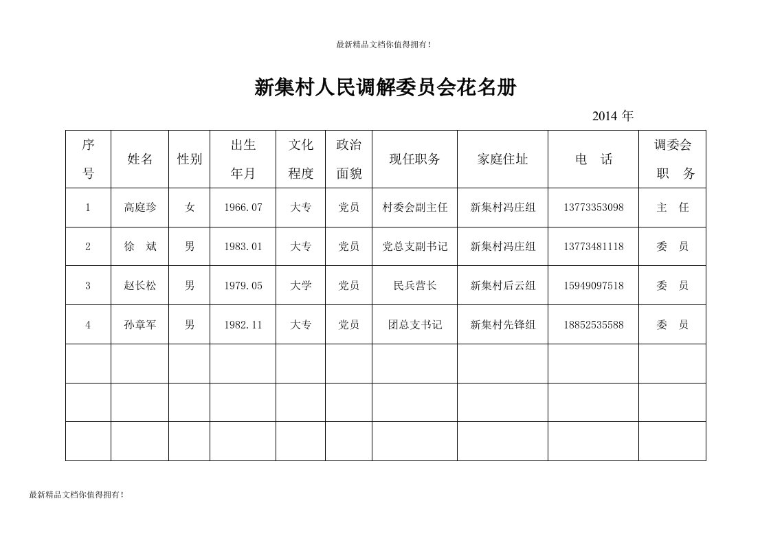 精品新集村人民调解委员会花名册