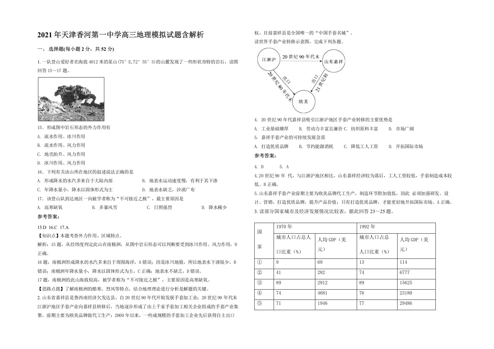 2021年天津香河第一中学高三地理模拟试题含解析