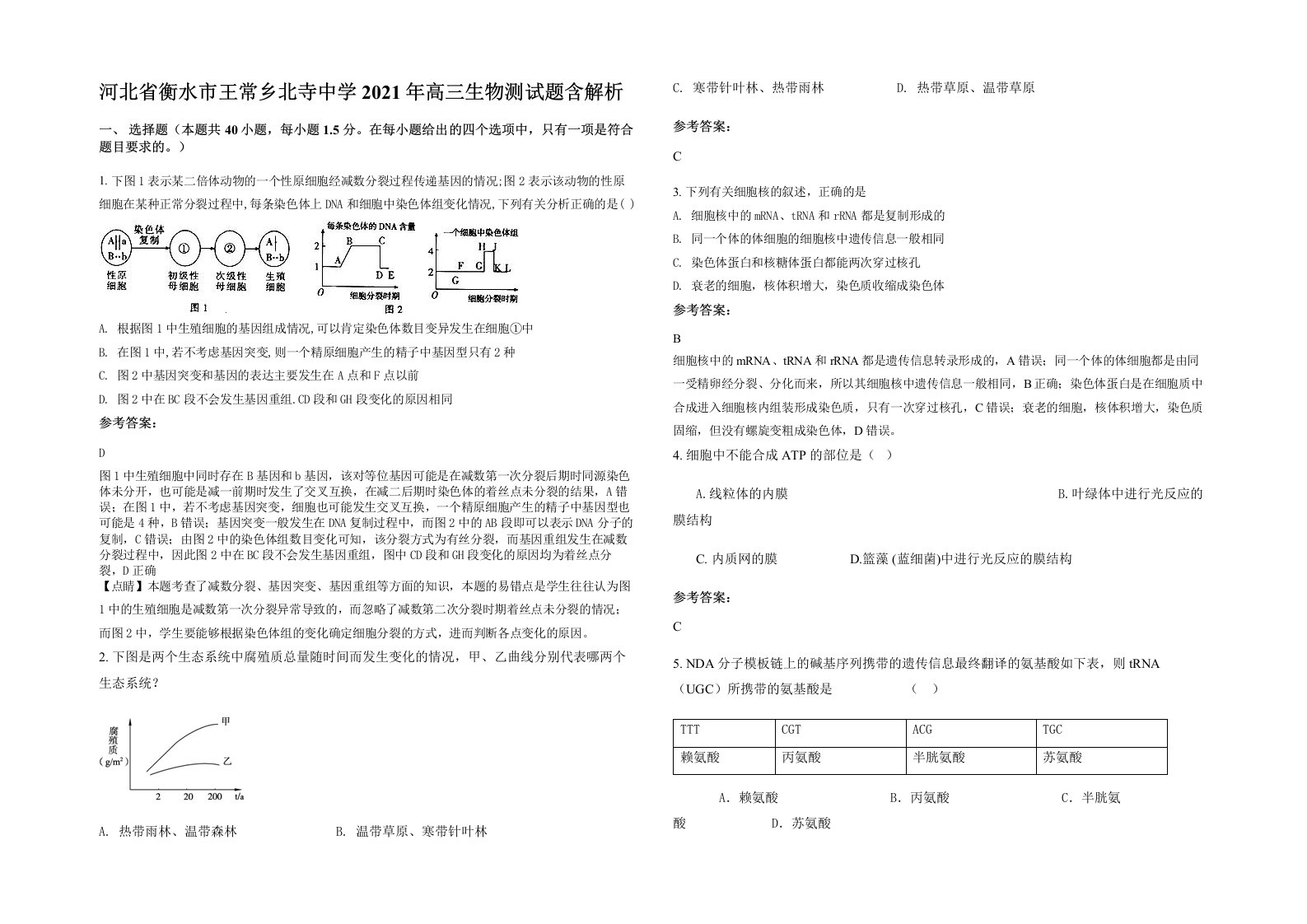 河北省衡水市王常乡北寺中学2021年高三生物测试题含解析