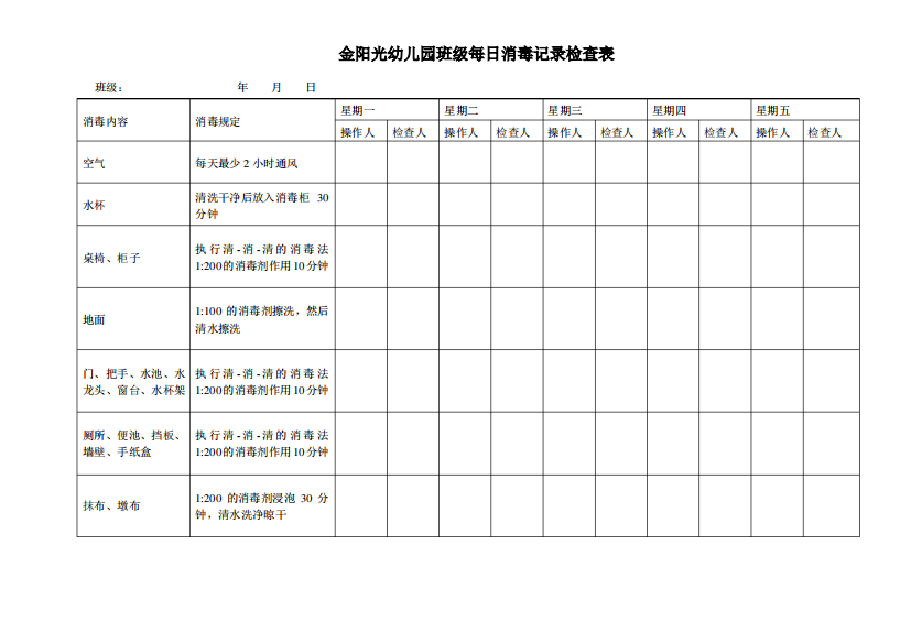 班级每日消毒记录检查表