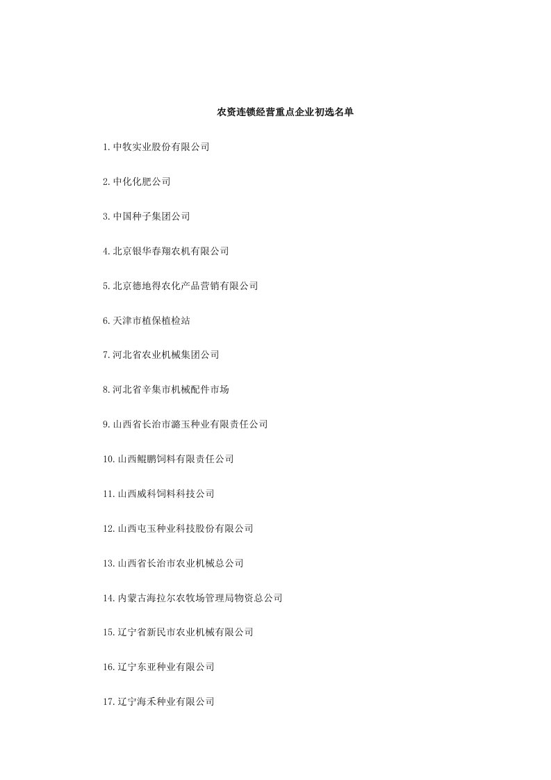 连锁经营-农资连锁经营重点企业初选名单