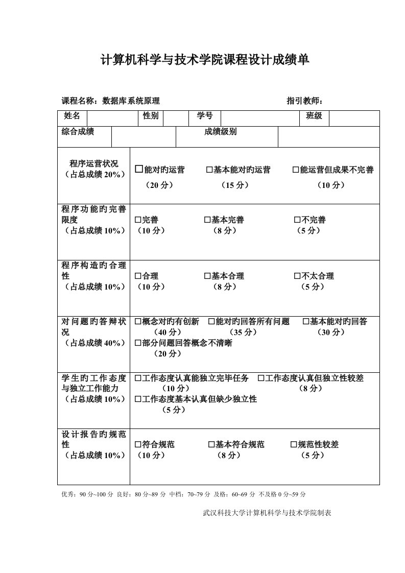 计算机科学与重点技术学院优质课程设计成绩单